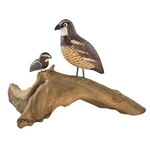 Hand Painted Carved Quail Driftwood Mama Bird Chick
